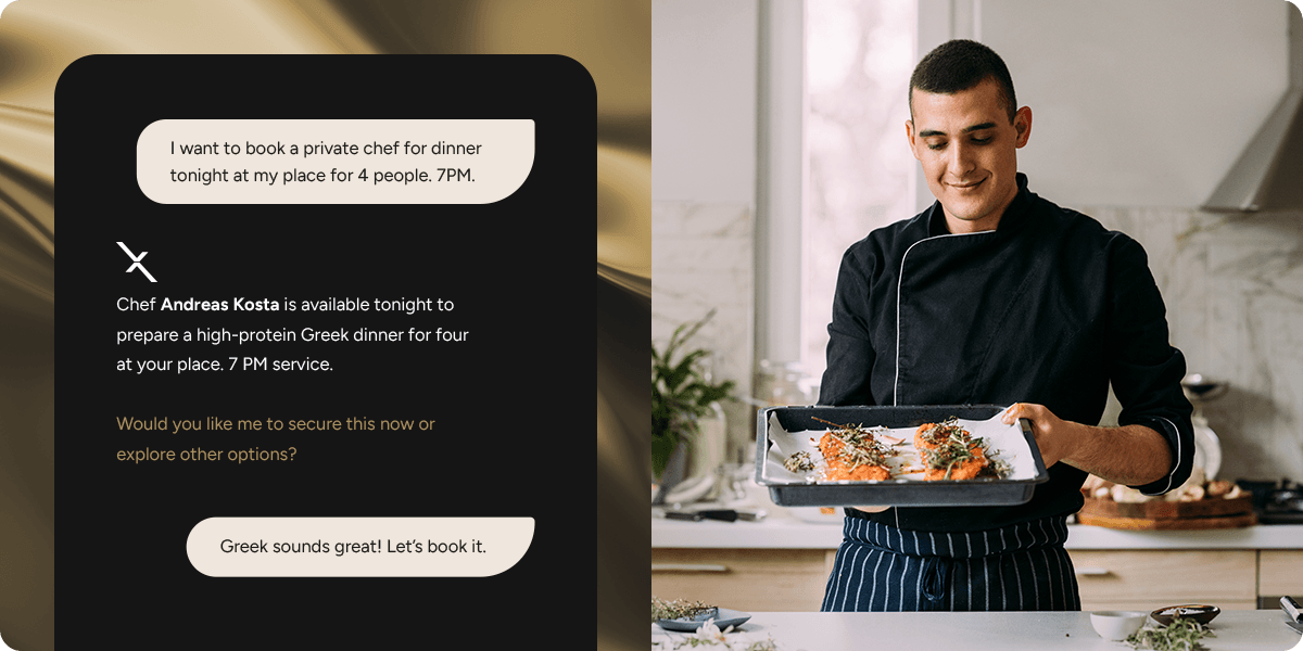 Luxe Assist booking a private chef for dinner over chat